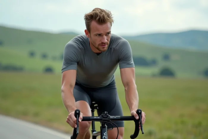 Cycliste masculin en plein effort sur route de campagne pour améliorer son endurance cardiovasculaire et VO2 Max