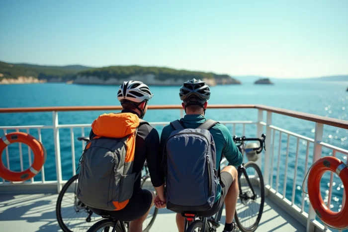 Couple de cyclistes sur le pont d'un ferry approchant l'île de Porquerolles avec leurs vélos arrimés
