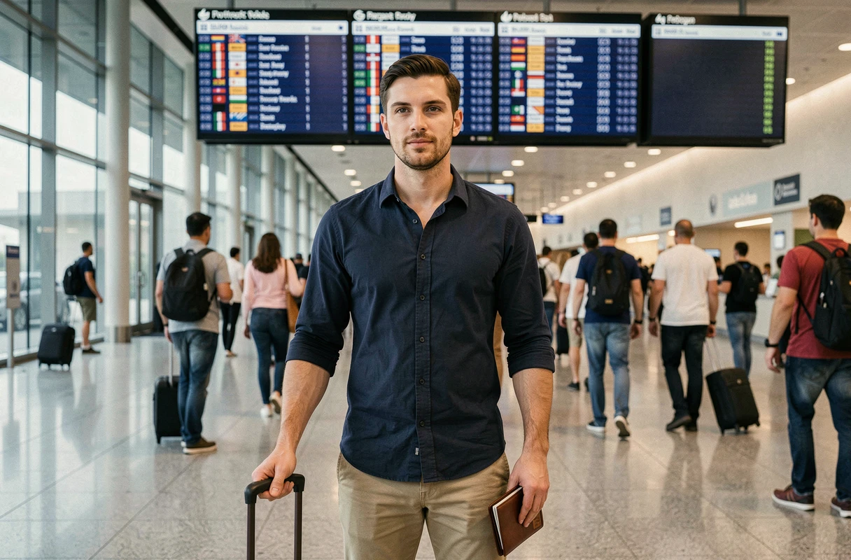 Homme avec valise dans un aéroport international prêt à partir travailler à l'étranger