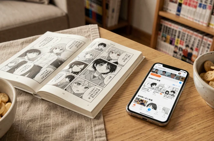 Gros plan d'un volume de manga ouvert posé à côté d'un smartphone affichant un site de scan manga, ambiance lecture décontractée
