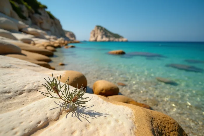 Détail des rochers calcaires et de l'eau cristalline transparente sur la plage sauvage des 3 pointes à Bonifacio
