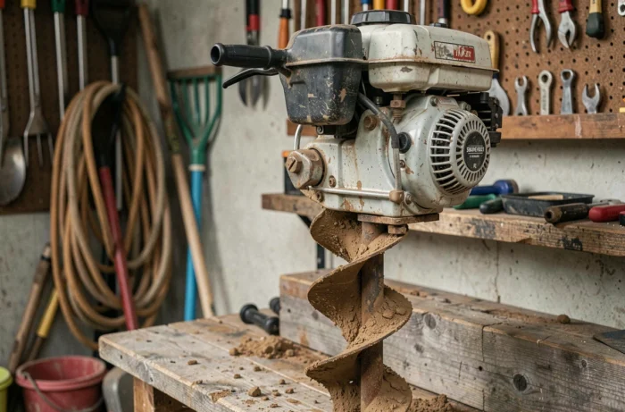 Gros plan sur une tarière thermique monoposte posée contre un établi de garage avec détails du moteur et de la mèche