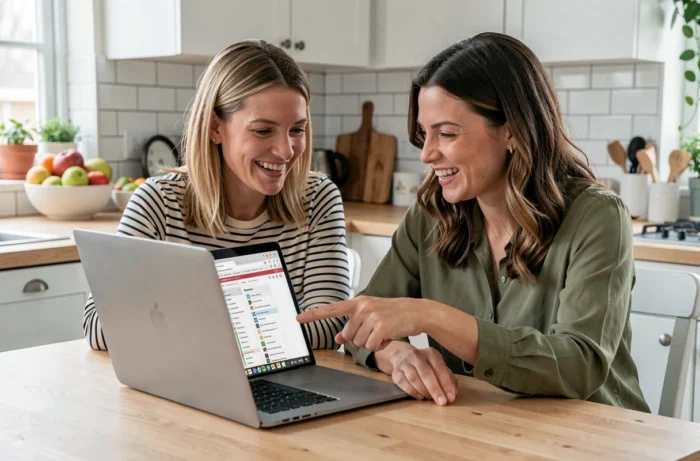 Deux mamans découvrant ensemble le plan du site Je Suis Maman autour d'un ordinateur portable dans une cuisine