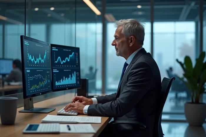 Dirigeant d'entreprise analysant des tableaux de bord numériques dans le cadre d'un projet de transformation digitale