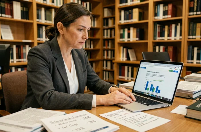Une femme vérifie des données chiffrées et des sources vérifiables pour étayer son article de blog avec des faits concrets