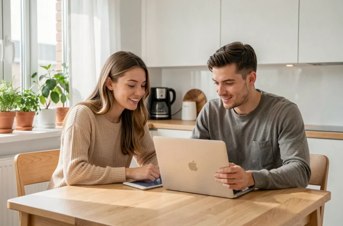 Deux jeunes adultes comparant des offres d'alternance sur ordinateur et tablette dans un appartement moderne
