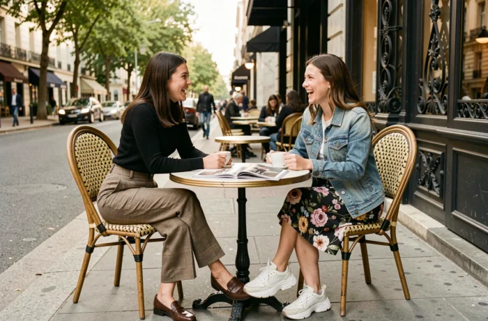 Deux femmes aux styles contrastés attablées en terrasse de café, illustrant la diversité des tendances mode actuelles