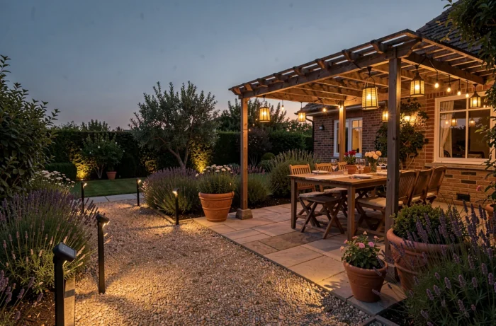 Éclairage solaire basse tension dans un jardin en soirée avec lampes de chemin et lanternes sur une pergola