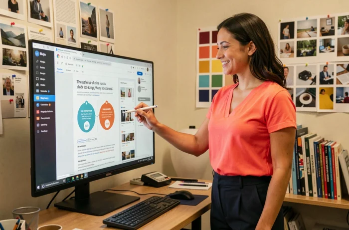 Une femme intègre une infographie informative dans un article de blog pour enrichir visuellement et informationnellement le contenu