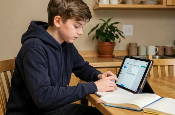 Adolescent consultant son carnet de notes et la messagerie de l'ENT eSchool sur une tablette à la maison