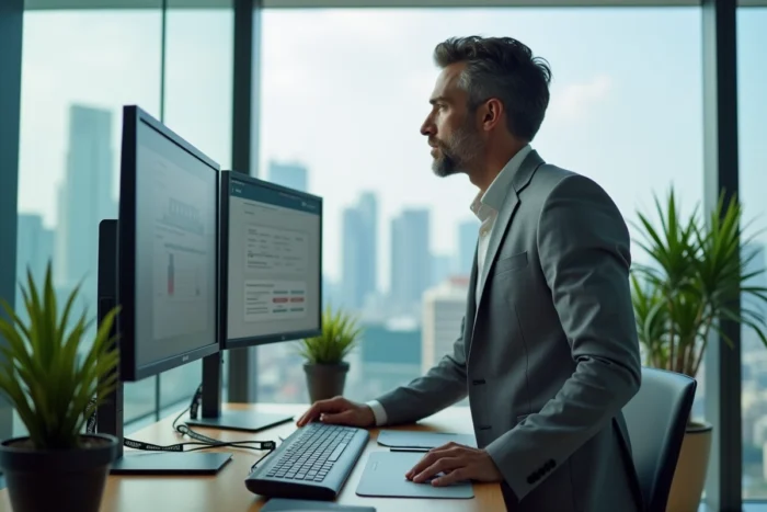 Employé BNP Paribas consultant le portail extranet Alis depuis son poste de travail professionnel