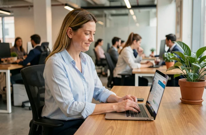 Employée Chronopost consultant les avantages de son CSE sur un ordinateur portable au bureau