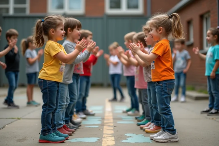 Enfants jouant à un jeu de mains traditionnel dans une cour d'école française, bras levés et sourires complices