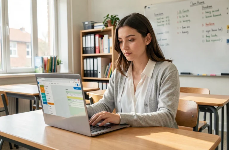 Enseignante entrant des notes élèves sur un ENT scolaire via un ordinateur portable dans une salle de classe moderne