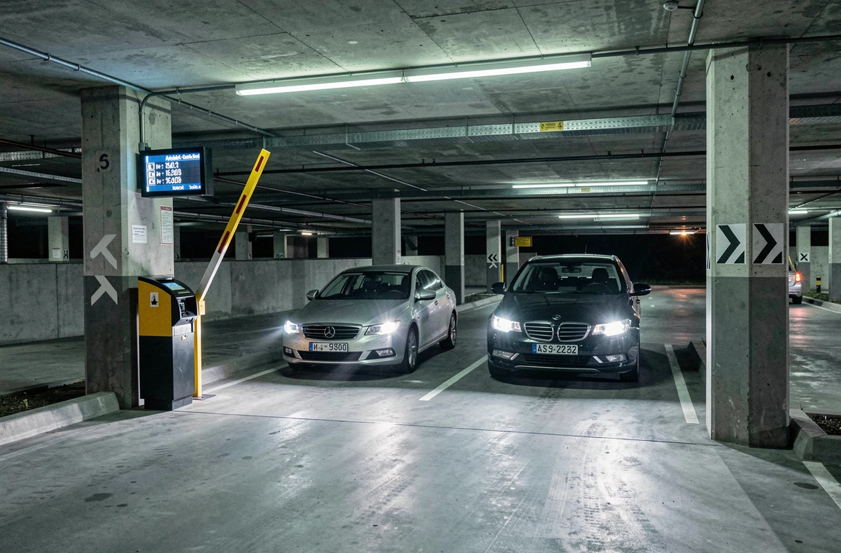 Entrée d'un parking souterrain avec barrière et borne de ticket près du Stade de France à Saint-Denis