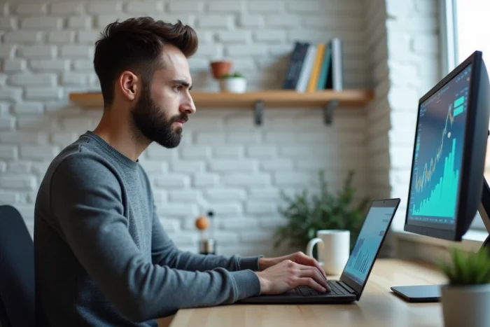 Jeune entrepreneur travaillant depuis son bureau à domicile sur des tendances économiques et financières mondiales en 2024