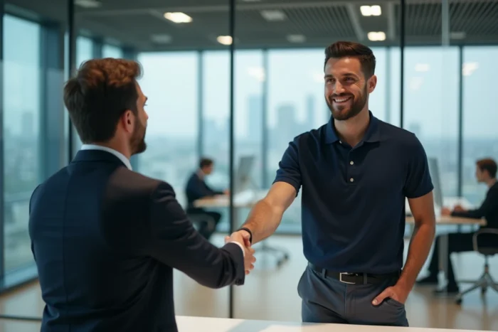 Homme en entretien d'embauche serrant la main de son recruteur dans un bureau moderne d'entreprise