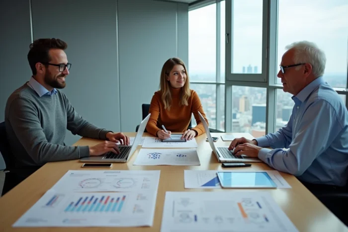 Équipe pluridisciplinaire en réunion de travail autour d'une stratégie de transformation digitale en salle de conférence