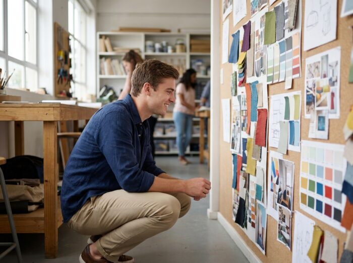 Étudiant en décoration intérieure devant un moodboard coloré dans un atelier de formation aux métiers du design
