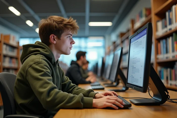 Étudiant consultant sa messagerie académique sur un ordinateur de bibliothèque universitaire à Aix-Marseille