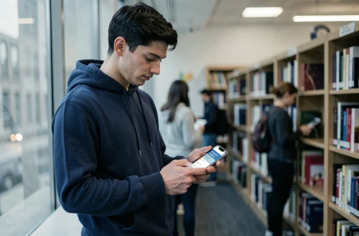 Étudiant consultant des offres d'alternance sur smartphone dans une bibliothèque universitaire