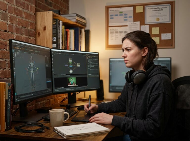 Étudiante en animation 3D et VFX travaillant sur un logiciel de rigging et de compositing dans un studio personnel