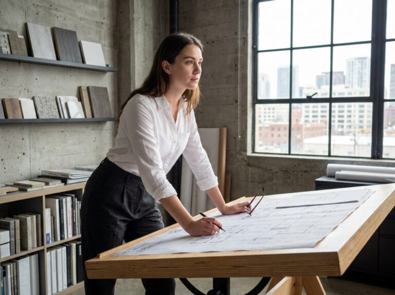 Étudiante en architecture d'intérieur étudiant des plans sur une table de travail dans un studio moderne aux murs en béton brut
