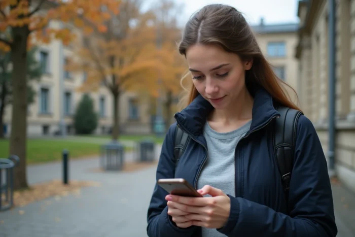 Étudiante consultant son smartphone sur le campus de Nantes pour réinitialiser son mot de passe de messagerie académique bloqué