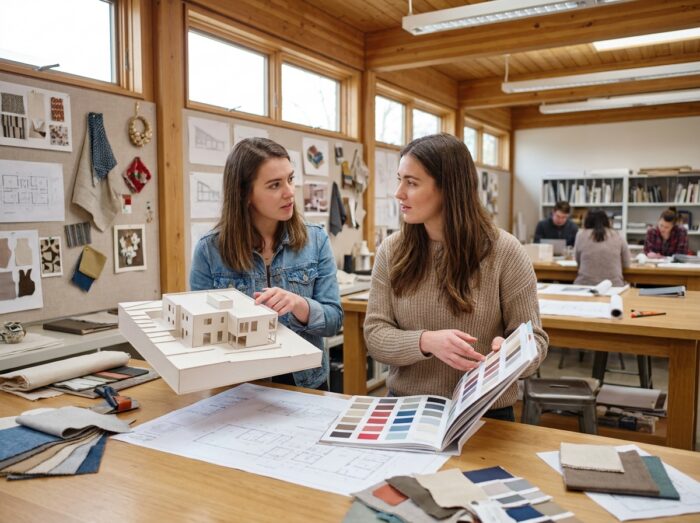 Deux étudiantes comparant architecture d'intérieur et décoration dans un espace de travail partagé d'une école de design