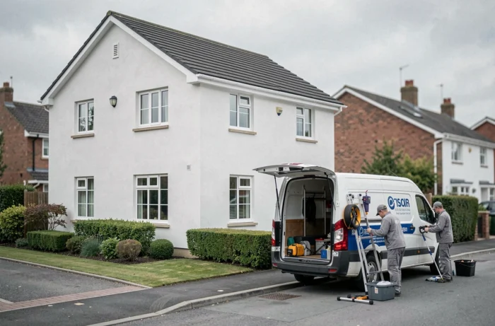 Maison individuelle avec façade blanche fraîchement nettoyée et camion de prestataire professionnel garé dans l'allée