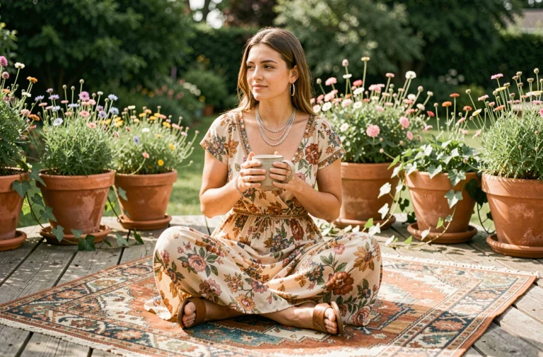 Jeune femme bohème assise sur un tapis kilim vintage sur une terrasse en bois, tenant une tasse en céramique, entourée de fleurs sauvages et de pots en terre cuite
