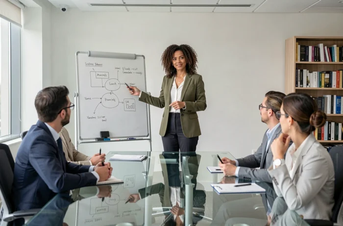 Femme cheffe d'entreprise présentant une stratégie business à son équipe dans une salle de réunion contemporaine