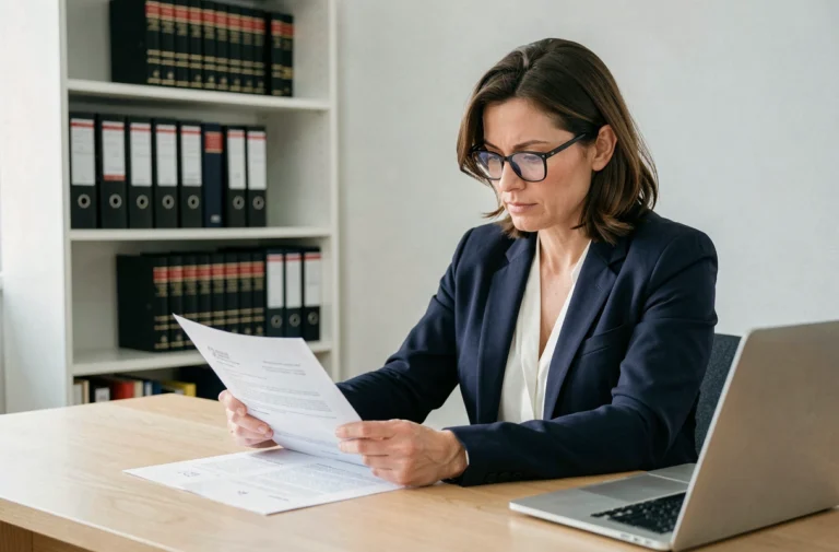 Femme professionnelle consultant des documents légaux officiels dans un bureau moderne
