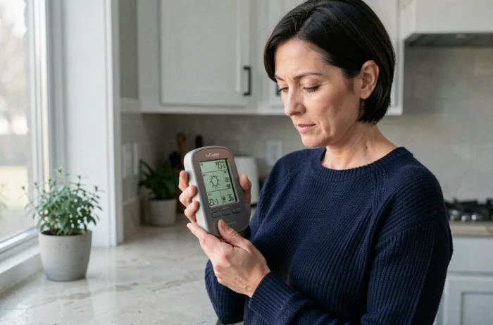 Femme consultant l'écran LCD de sa station météo La Crosse Technology WS6862 dans une cuisine moderne