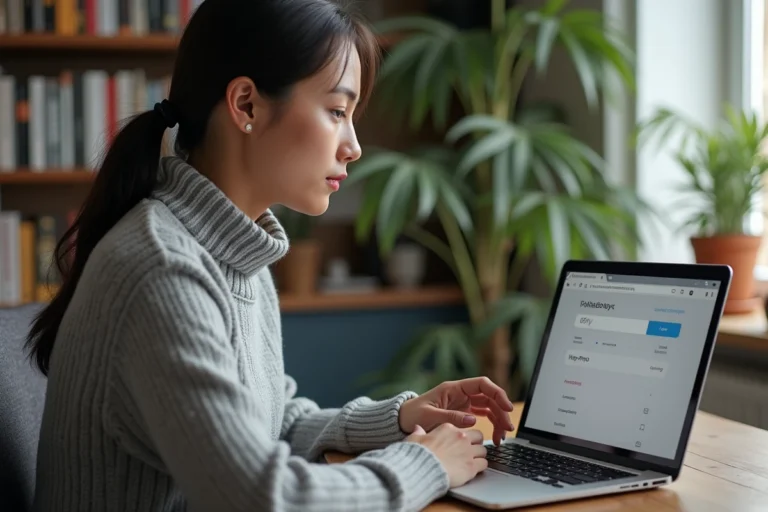 Femme consultant la liste des mots de passe enregistrés sur son ordinateur portable dans un bureau à domicile