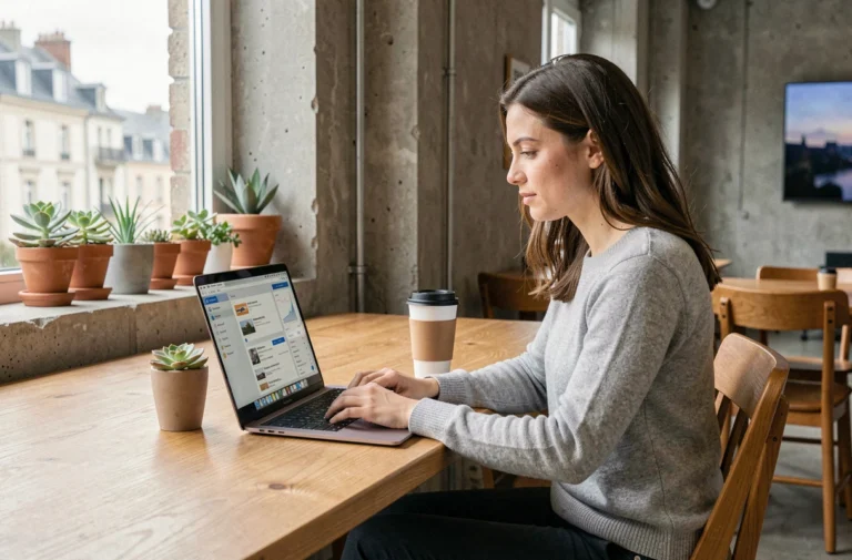 Femme utilisant un ordinateur portable dans un espace de coworking moderne à Rennes pour booster sa productivité