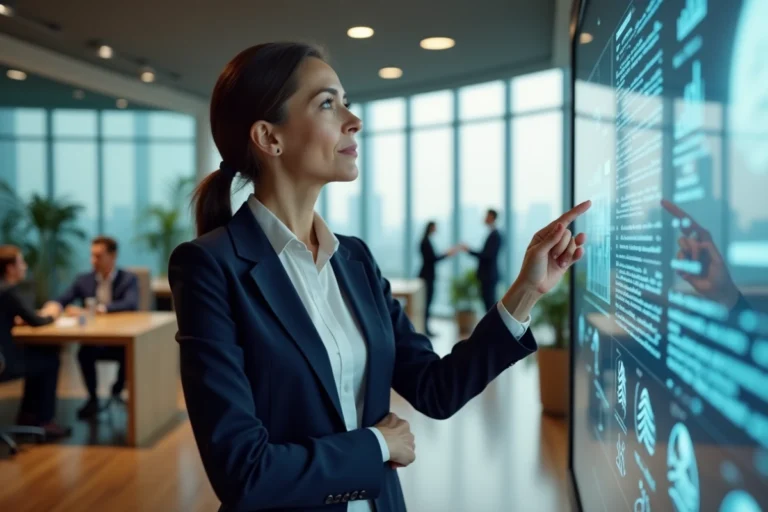 Femme cadre dirigeante analysant des données numériques dans un bureau moderne en 2024, illustrant les nouvelles tendances du monde des affaires