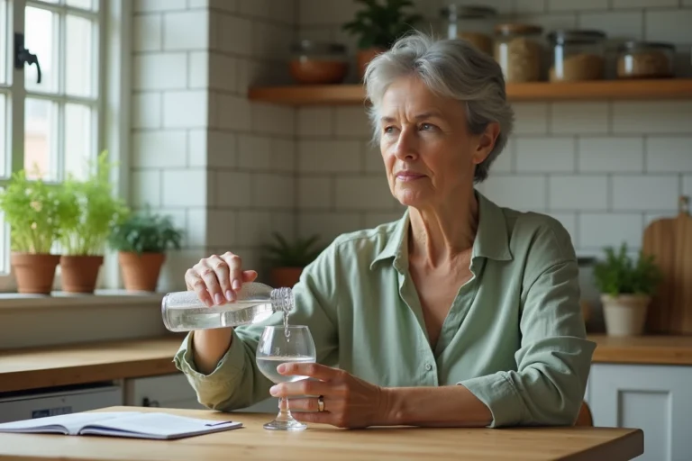 Femme versant de l'eau minérale dans un verre en verre dans une cuisine en bois, conseils hydratation et varices