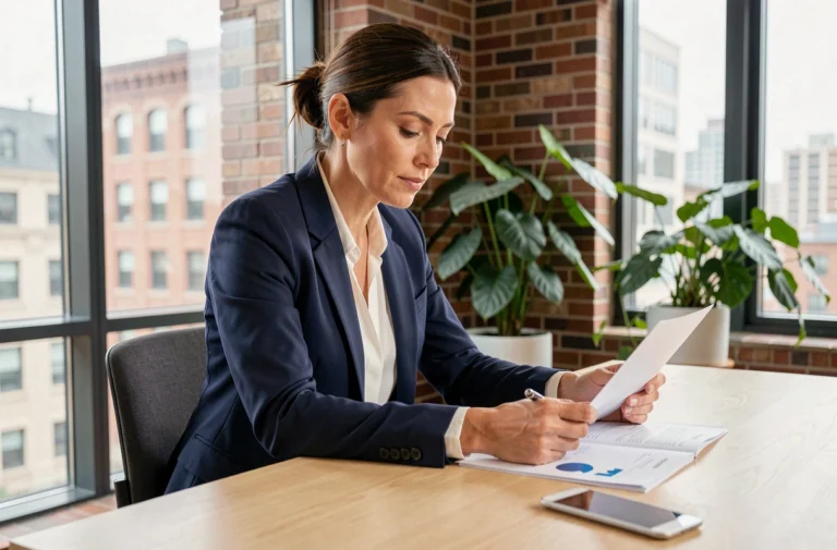 Femme entrepreneuse en blazer marine travaillant dans un espace de coworking moderne avec des documents d'affaires