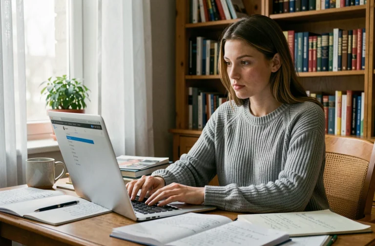 Jeune femme concentrée suivant une formation en ligne à son bureau à domicile avec des notes manuscrites et un ordinateur portable