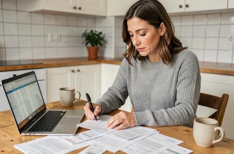 Femme gérant ses finances personnelles à la table de cuisine avec des documents et un ordinateur portable