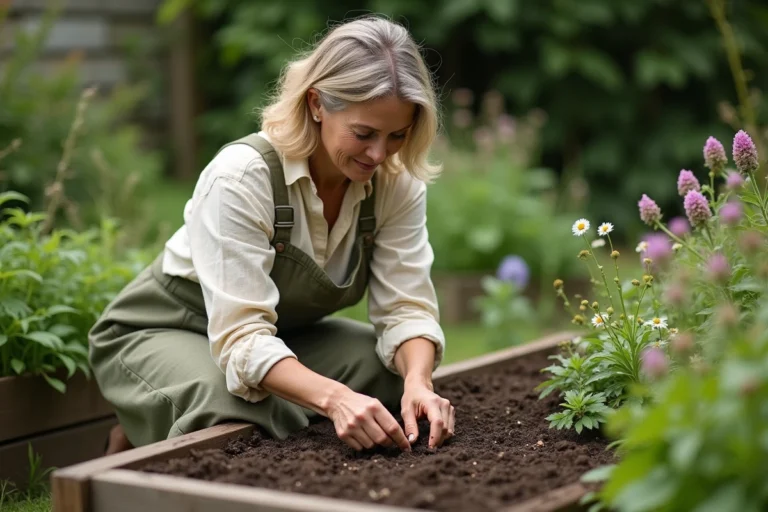 Femme jardinant dans un potager naturel en replantant des semis dans une terre compostée riche, ambiance jardin écologique