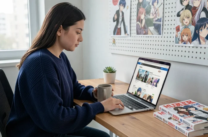 Jeune femme lisant un scan manga en ligne sur un ordinateur portable à son bureau, entourée de volumes manga et d'illustrations anime