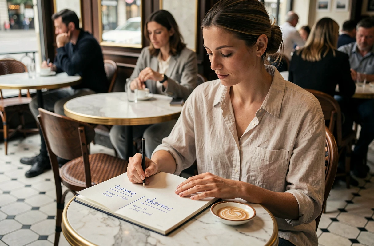 Jeune femme prenant des notes dans un café parisien sur la distinction entre terme et therme