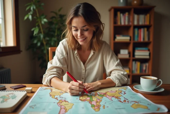 Femme planifiant un voyage en marquant une carte de voyage sur un bureau en bois avec journal et passeport