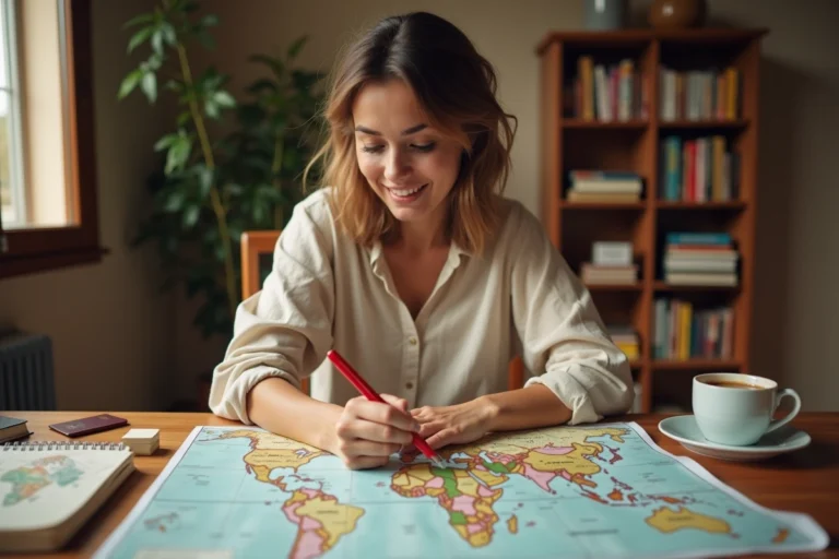 Femme planifiant un voyage en marquant une carte de voyage sur un bureau en bois avec journal et passeport