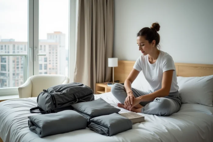 Femme faisant sa valise sur un lit d'hôtel avec vêtements pliés et accessoires de voyage organisés