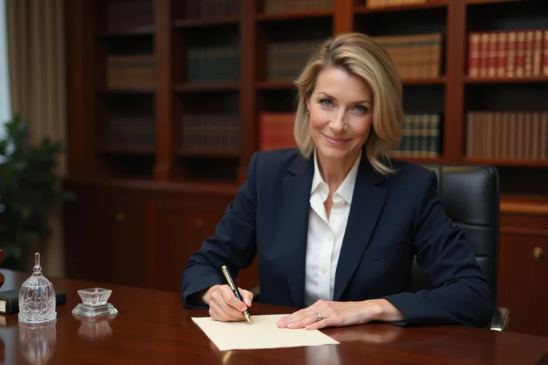 Femme professionnelle en blazer marine rédigeant une lettre formelle à la plume sur un bureau en noyer dans un bureau élégant