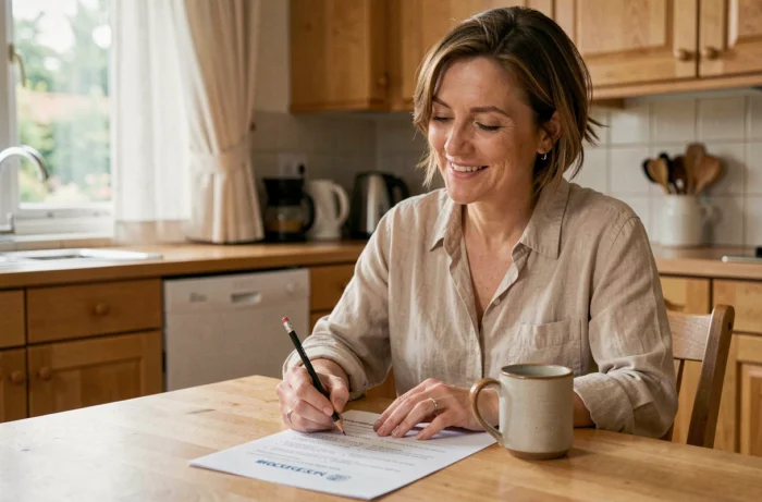 Femme souriante répondant à un quiz sur la maison dans une cuisine moderne avec un crayon à la main