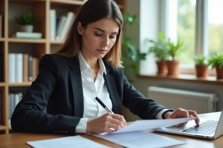 Femme professionnelle relisant son CV à son bureau à domicile pour trouver un emploi rapidement en 2024